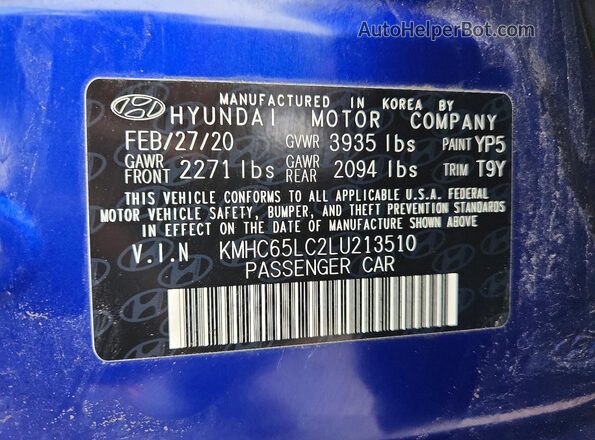 KMHC65LC2LU213510 2020 HYUNDAI IONIQ Blue ძრავის განყოფილების ხედი