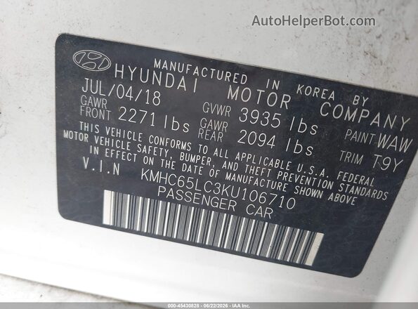 KMHC65LC3KU106710 2019 HYUNDAI IONIQ HYBRID White Engine compartment view