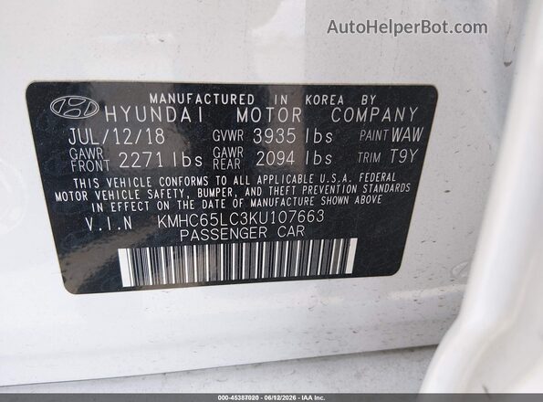 KMHC65LC3KU107663 2019 HYUNDAI IONIQ HYBRID White Вид підкапотного простору