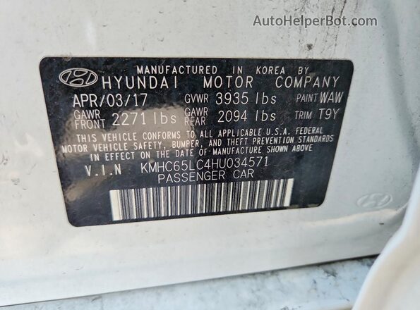 KMHC65LC4HU034571 2017 HYUNDAI IONIQ White VIN կոդի պիտակի տեսք