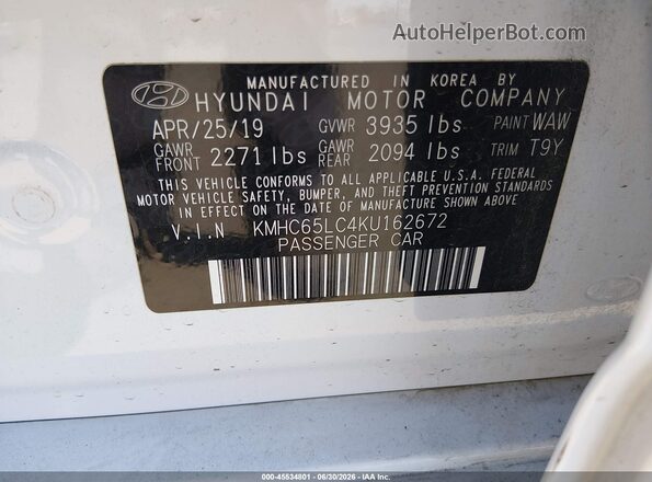 KMHC65LC4KU162672 2019 HYUNDAI IONIQ HYBRID White Շարժիչի բաժամունքի տեսք