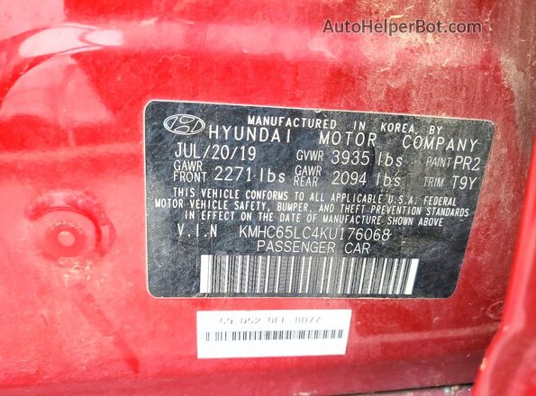 KMHC65LC4KU176068 2019 HYUNDAI IONIQ Red ძრავის განყოფილების ხედი