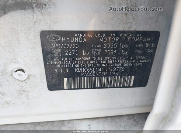 KMHC65LC4LU219776 2020 HYUNDAI IONIQ HYBRID White Շարժիչի բաժամունքի տեսք