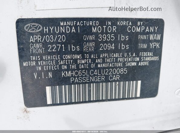 KMHC65LC4LU220085 2020 HYUNDAI IONIQ HYBRID White ძრავის განყოფილების ხედი