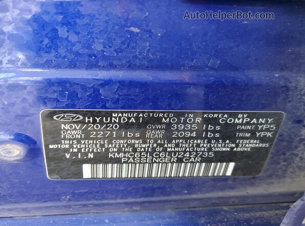KMHC65LC6LU242735 2020 HYUNDAI IONIQ Blue VIN կոդի պիտակի տեսք