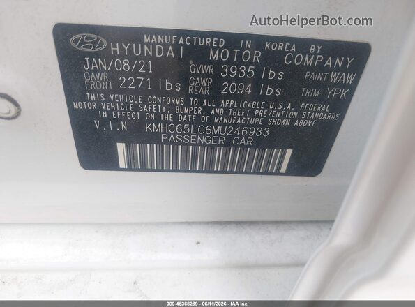 KMHC65LC6MU246933 2021 HYUNDAI IONIQ HYBRID White Widok komory silnika