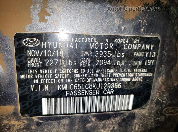 KMHC65LC8KU129366 2019 HYUNDAI IONIQ Gray Widok naklejki z numerem VIN
