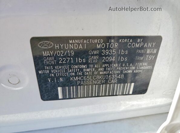 KMHC65LC8KU163548 2019 HYUNDAI IONIQ White ძრავის განყოფილების ხედი