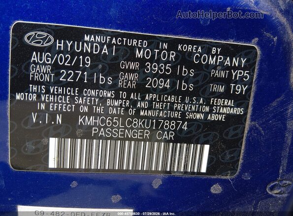 KMHC65LC8KU178874 2019 HYUNDAI IONIQ HYBRID Blue Vista del compartimento del motor
