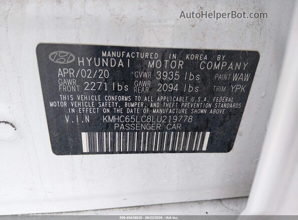 KMHC65LC8LU219778 2020 HYUNDAI IONIQ HYBRID White ძრავის განყოფილების ხედი