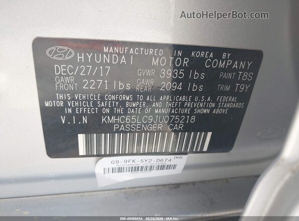 KMHC65LC9JU075218 2018 HYUNDAI IONIQ HYBRID Silver Вид підкапотного простору