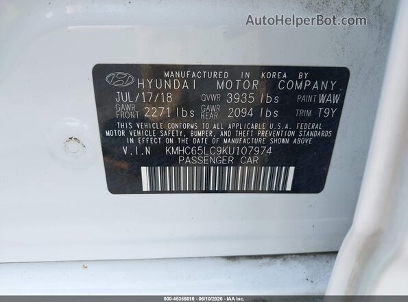 KMHC65LC9KU107974 2019 HYUNDAI IONIQ HYBRID White ძრავის განყოფილების ხედი