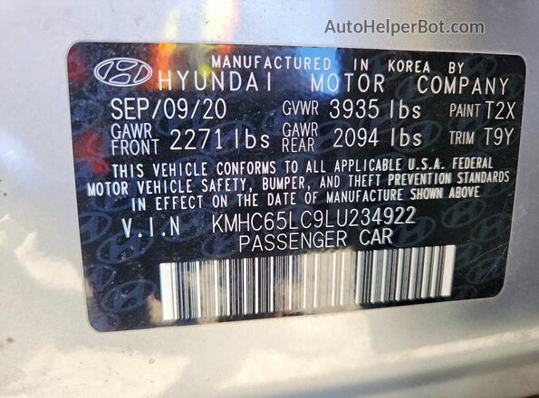 KMHC65LC9LU234922 2020 HYUNDAI IONIQ Silver VIN կոդի պիտակի տեսք