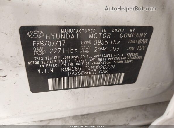 KMHC65LCXHU026779 2017 HYUNDAI IONIQ HYBRID White Вид підкапотного простору