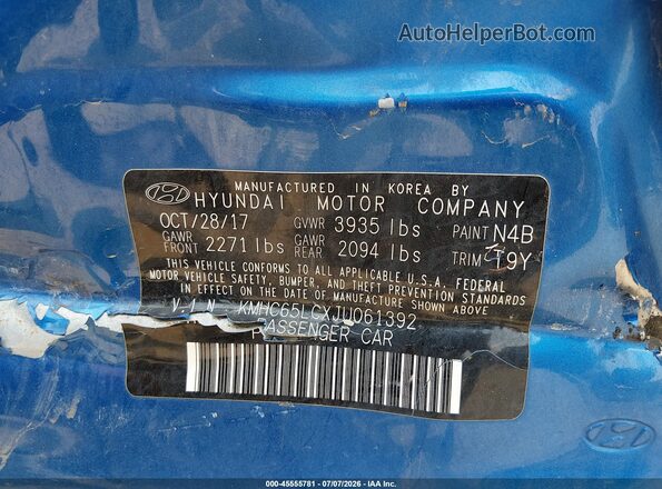KMHC65LCXJU061392 2018 HYUNDAI IONIQ HYBRID Blue Вид підкапотного простору