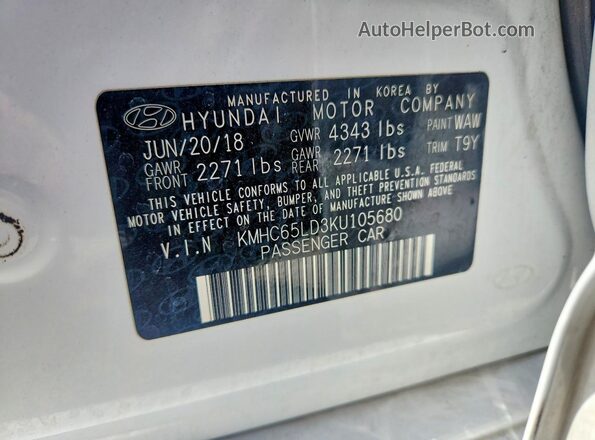 KMHC65LD3KU105680 2019 HYUNDAI IONIQ White VIN կոդի պիտակի տեսք