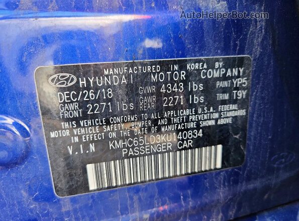KMHC65LD3KU140834 2019 HYUNDAI IONIQ Blue Vista del compartimento del motor