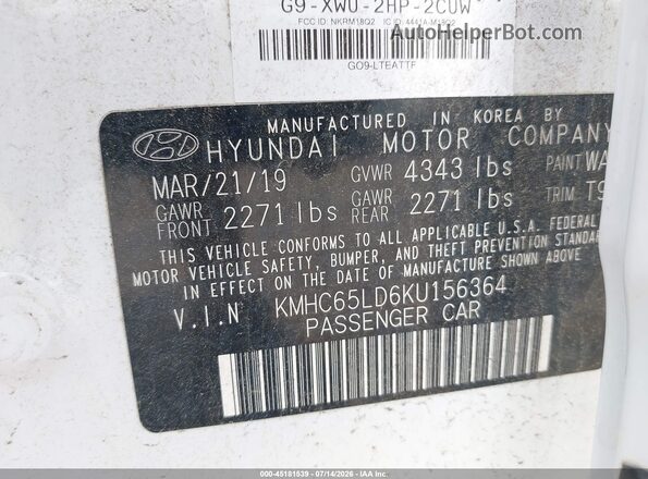 KMHC65LD6KU156364 2019 HYUNDAI IONIQ PLUG-IN HYBRID White Вид підкапотного простору