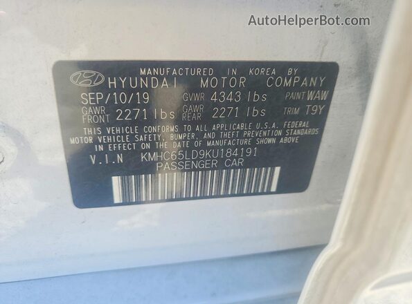 KMHC65LD9KU184191 2019 HYUNDAI IONIQ White ძრავის განყოფილების ხედი