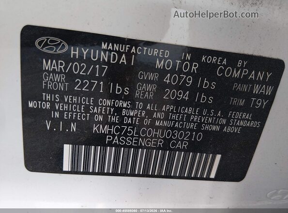 KMHC75LC0HU030210 2017 HYUNDAI IONIQ HYBRID White Widok z przodu