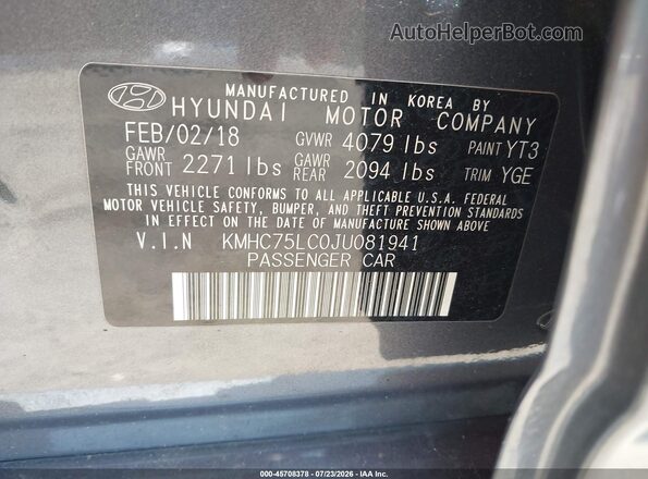 KMHC75LC0JU081941 2018 HYUNDAI IONIQ HYBRID Gray Vista del compartimento del motor