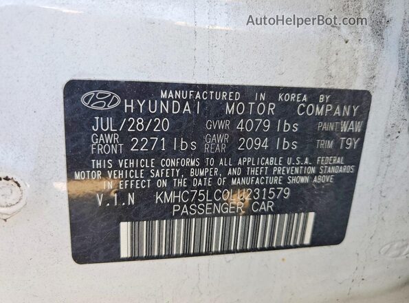 KMHC75LC0LU231579 2020 HYUNDAI IONIQ White VIN კოდის სტიკერის ხედი