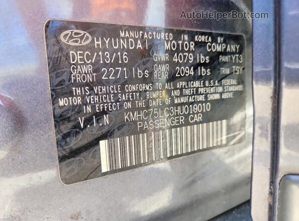 KMHC75LC3HU019010 2017 HYUNDAI IONIQ Gray VIN sticker view