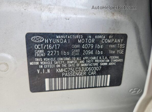 KMHC75LC3JU060307 2018 HYUNDAI IONIQ Silver VIN կոդի պիտակի տեսք