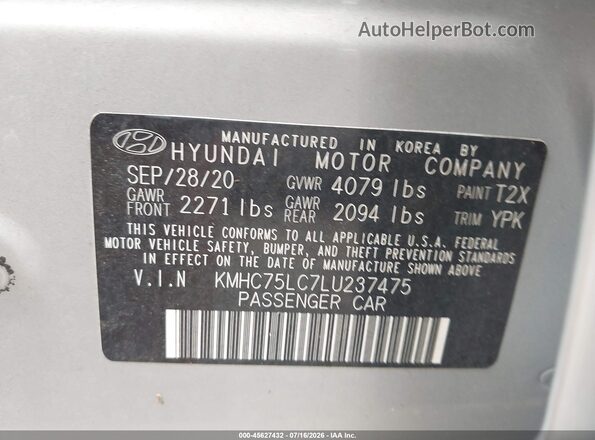 KMHC75LC7LU237475 2020 HYUNDAI IONIQ HYBRID Silver ძრავის განყოფილების ხედი