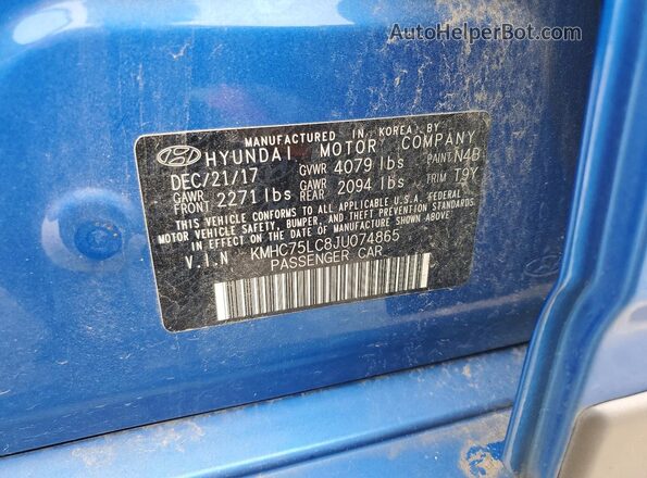 KMHC75LC8JU074865 2018 HYUNDAI IONIQ Blue Widok naklejki z numerem VIN