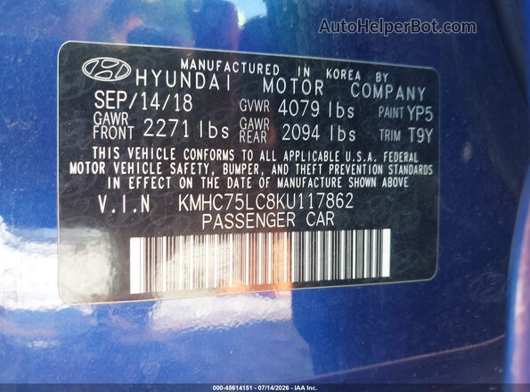 KMHC75LC8KU117862 2019 HYUNDAI IONIQ HYBRID Blue Շարժիչի բաժամունքի տեսք