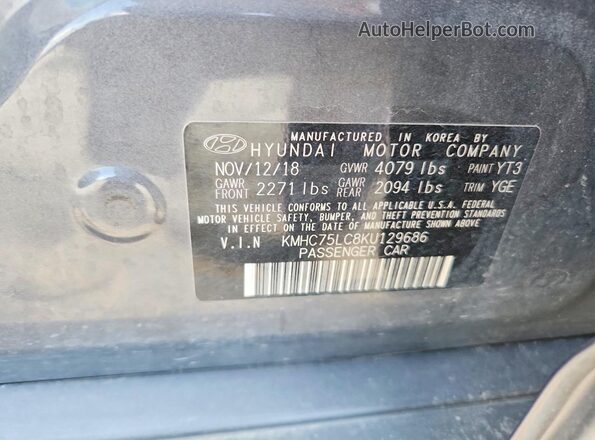 KMHC75LC8KU129686 2019 HYUNDAI IONIQ Gray Engine compartment view