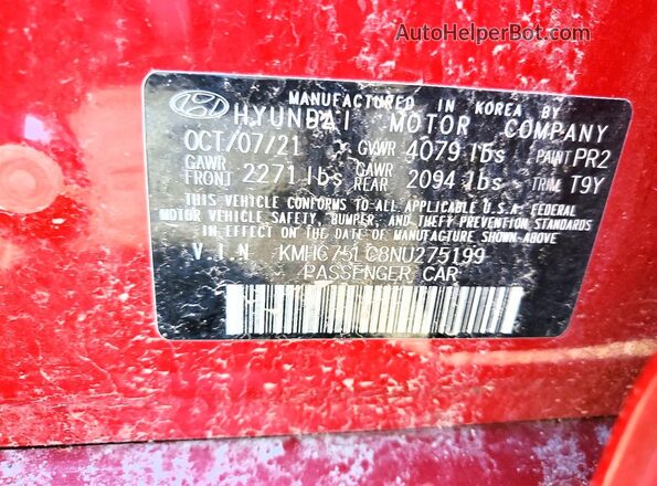KMHC75LC8NU275199 2022 HYUNDAI IONIQ Red VIN կոդի պիտակի տեսք