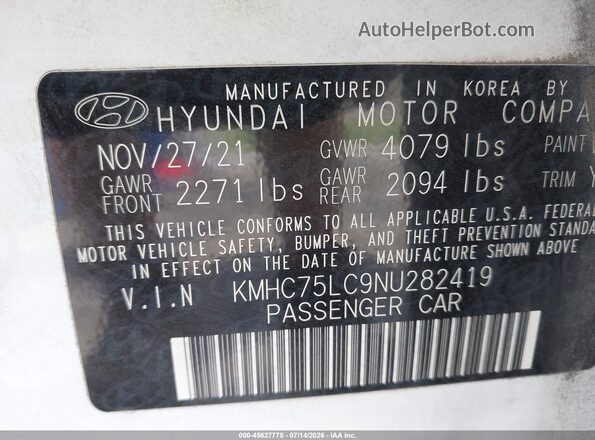 KMHC75LC9NU282419 2022 HYUNDAI IONIQ HYBRID White ძრავის განყოფილების ხედი