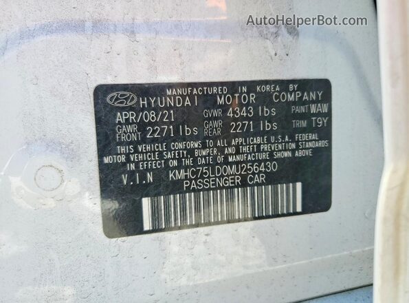 KMHC75LD0MU256430 2021 HYUNDAI IONIQ Белый Вид наклейки с VIN-кодом