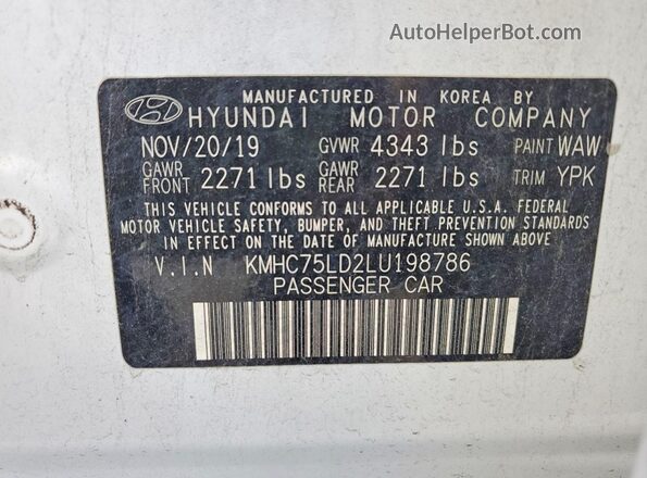 KMHC75LD2LU198786 2020 HYUNDAI IONIQ White Widok wnętrza 360 stopni