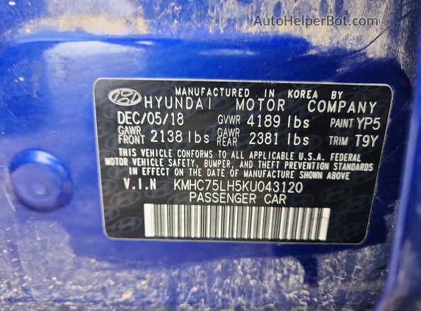 KMHC75LH5KU043120 2019 HYUNDAI IONIQ Blue ძრავის განყოფილების ხედი