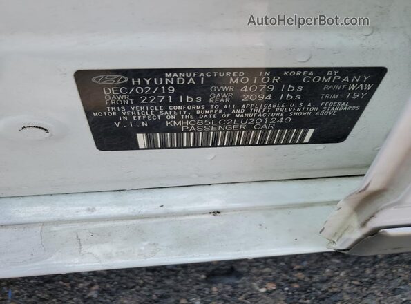 KMHC85LC2LU201240 2020 HYUNDAI IONIQ White VIN კოდის სტიკერის ხედი