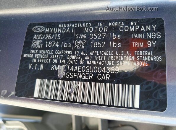 KMHCT4AE0GU004389 2016 HYUNDAI ACCENT Gray ძრავის განყოფილების ხედი