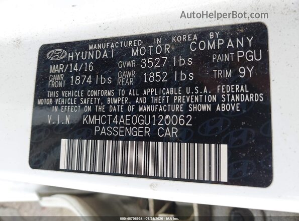 KMHCT4AE0GU120062 2016 HYUNDAI ACCENT White Engine compartment view