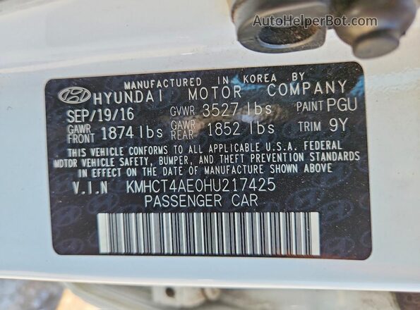 KMHCT4AE0HU217425 2017 HYUNDAI ACCENT White VIN კოდის სტიკერის ხედი