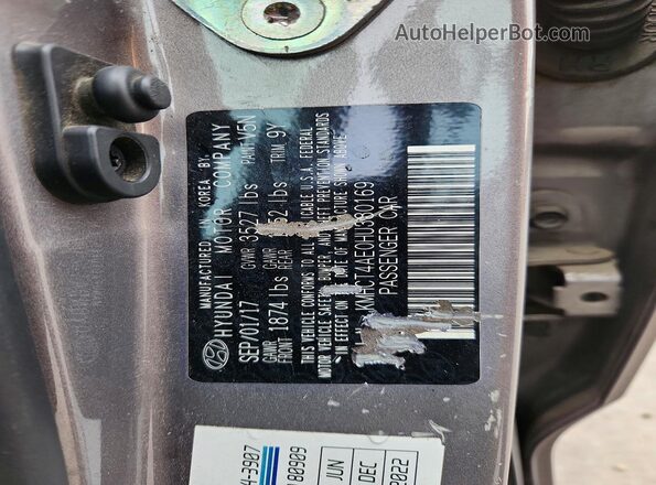 KMHCT4AE0HU380169 2017 HYUNDAI ACCENT Gray Widok naklejki z numerem VIN