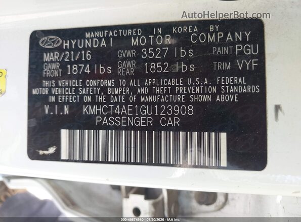 KMHCT4AE1GU123908 2016 HYUNDAI ACCENT White Vista del compartimento del motor