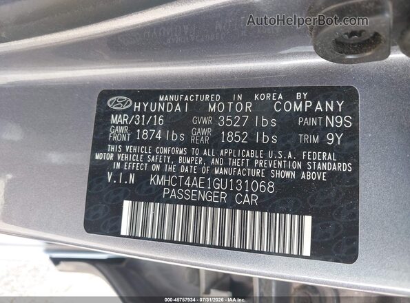 KMHCT4AE1GU131068 2016 HYUNDAI ACCENT Gray Widok komory silnika