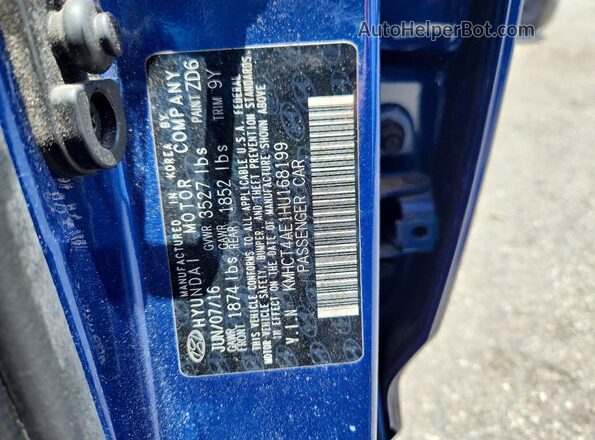 KMHCT4AE1HU168199 2017 HYUNDAI ACCENT Blue VIN კოდის სტიკერის ხედი