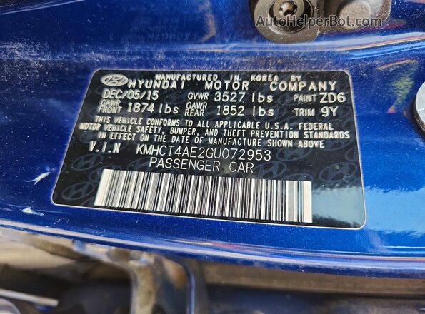 KMHCT4AE2GU072953 2016 HYUNDAI ACCENT Blue Շարժիչի բաժամունքի տեսք