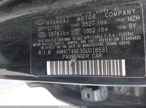 KMHCT4AE3GU018531 2016 HYUNDAI ACCENT Black Շարժիչի բաժամունքի տեսք