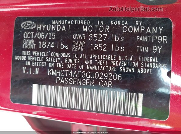 KMHCT4AE3GU029206 2016 HYUNDAI ACCENT Red Widok komory silnika