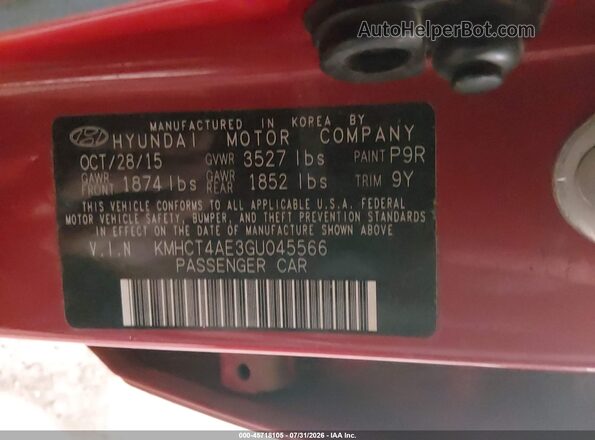 KMHCT4AE3GU045566 2016 HYUNDAI ACCENT Red Вид підкапотного простору