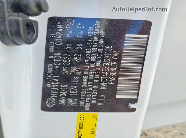 KMHCT4AE3GU091138 2016 HYUNDAI ACCENT White VIN კოდის სტიკერის ხედი